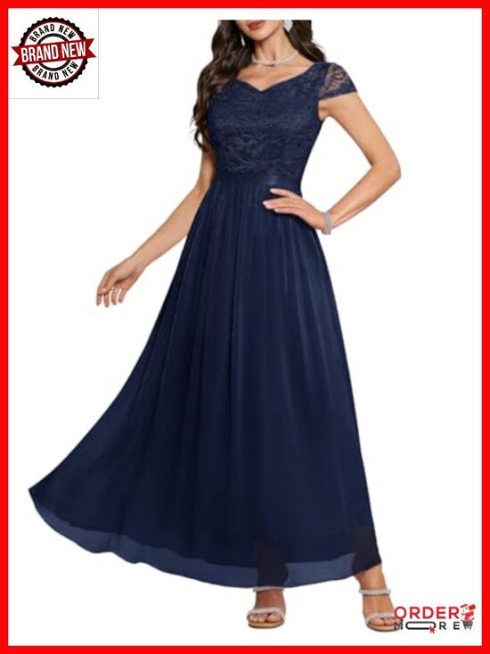 Dresses & Skirts - Lace Chiffon Formal Maxi Dress with Cap Sleeves V-Neck